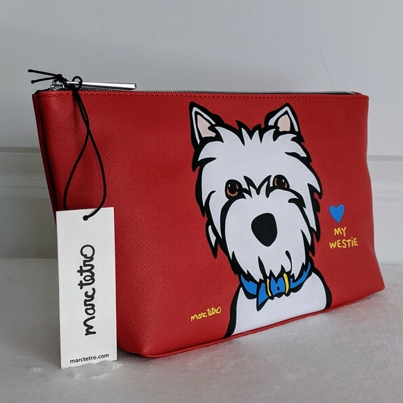marc tetro Westie Large Zip Top Cosmetic Case Pouch Bag PVC Saffiano Red NWT - Picture 3 of 14